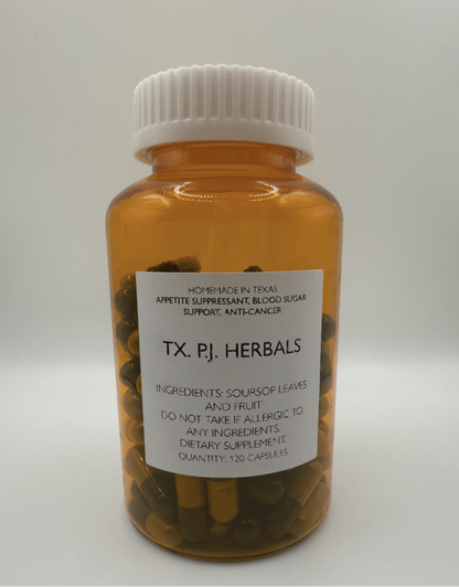 Bottle of soursop leaf and fruit capsules dietary supplement with label showing ingredients and benefits