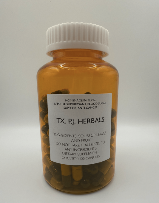 Bottle of soursop leaf and fruit capsules dietary supplement with label showing ingredients and benefits