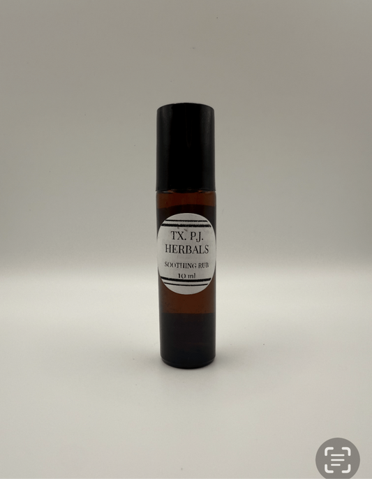 Small amber bottle of Soothing Rub by TX. P.I. Herbals for minor muscle ache relief, 10 ml roll-on