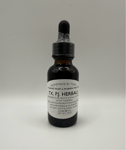 St. Johns Wort and Feverfew herbal tincture bottle with dropper for nerve health and inflammation relief.