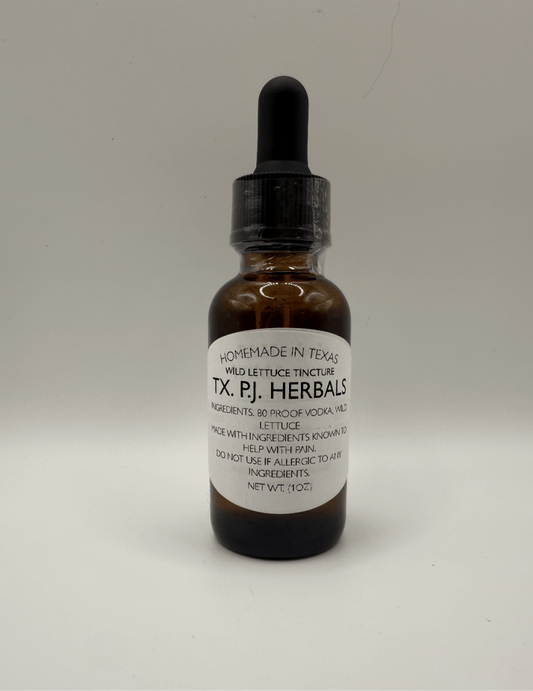 Brown glass dropper bottle of Wild Lettuce Tincture by TX P.J. Herbals for natural pain relief.