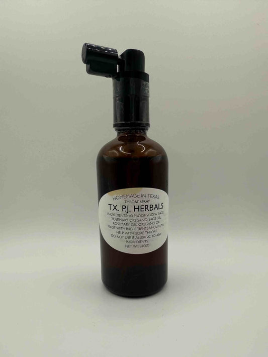 Herbal Throat Spray in brown bottle with black spray top for natural sore throat relief