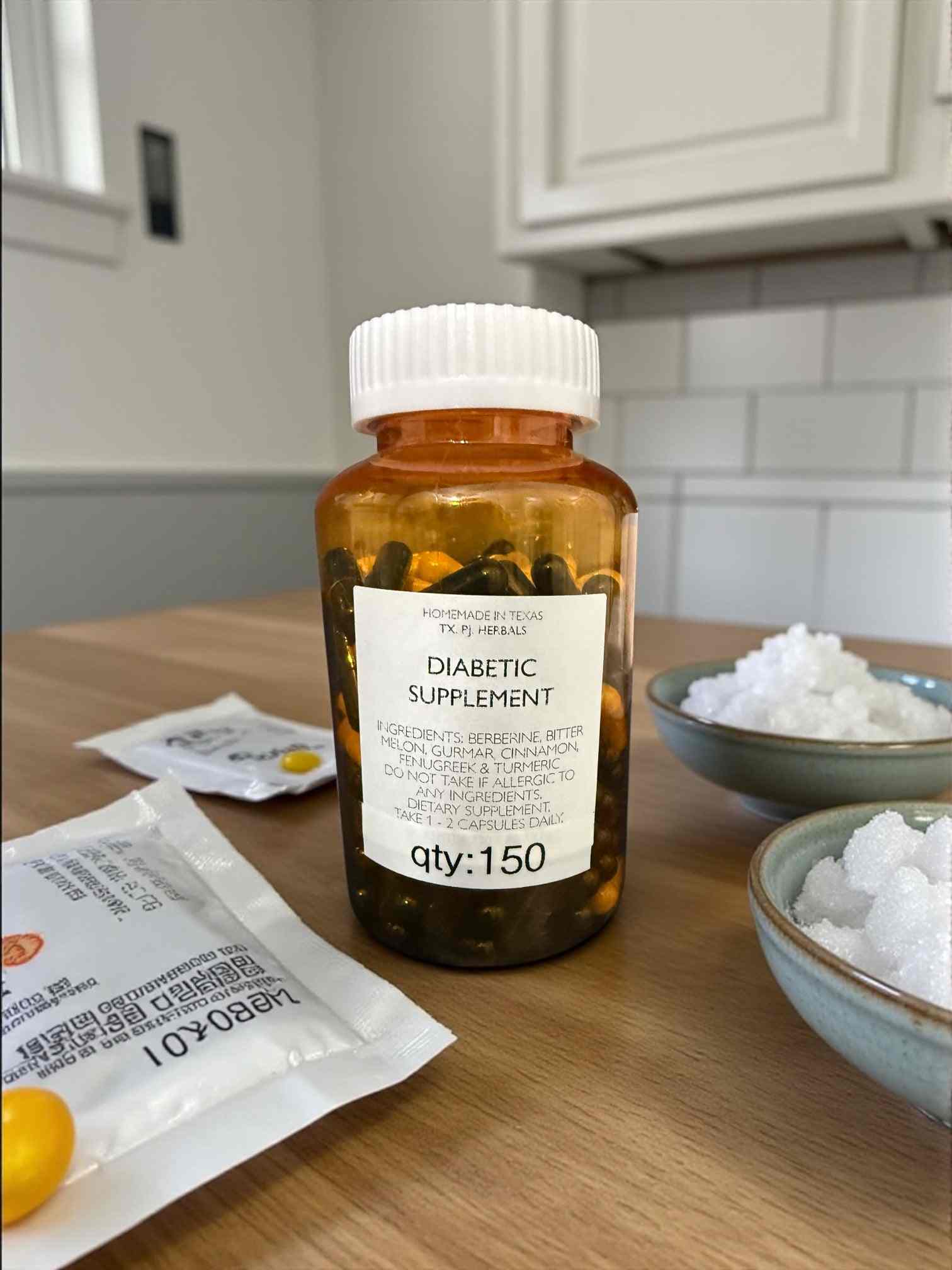 Bottle of all-natural diabetic supplement capsules with botanical ingredients on wooden surface
